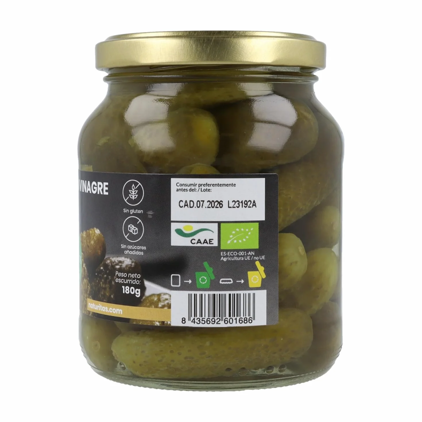 Naturitas Essentials Pepinillos sin azúcar con vinagre de manzana 345g