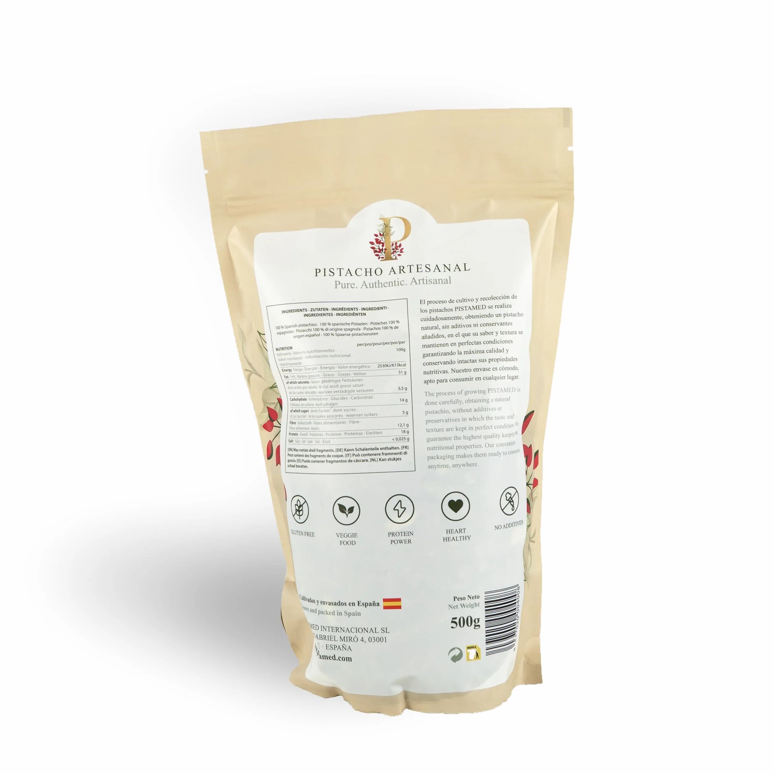 PISTAMED - Pistachos Pelados Tostados Artesanalmente sin Sal - Alto Contenido en Fibra - Apto Veganos y Sin Gluten - Bolsa 500 g con Cierre Zip - Origen España - Para Repostería y Hostelería