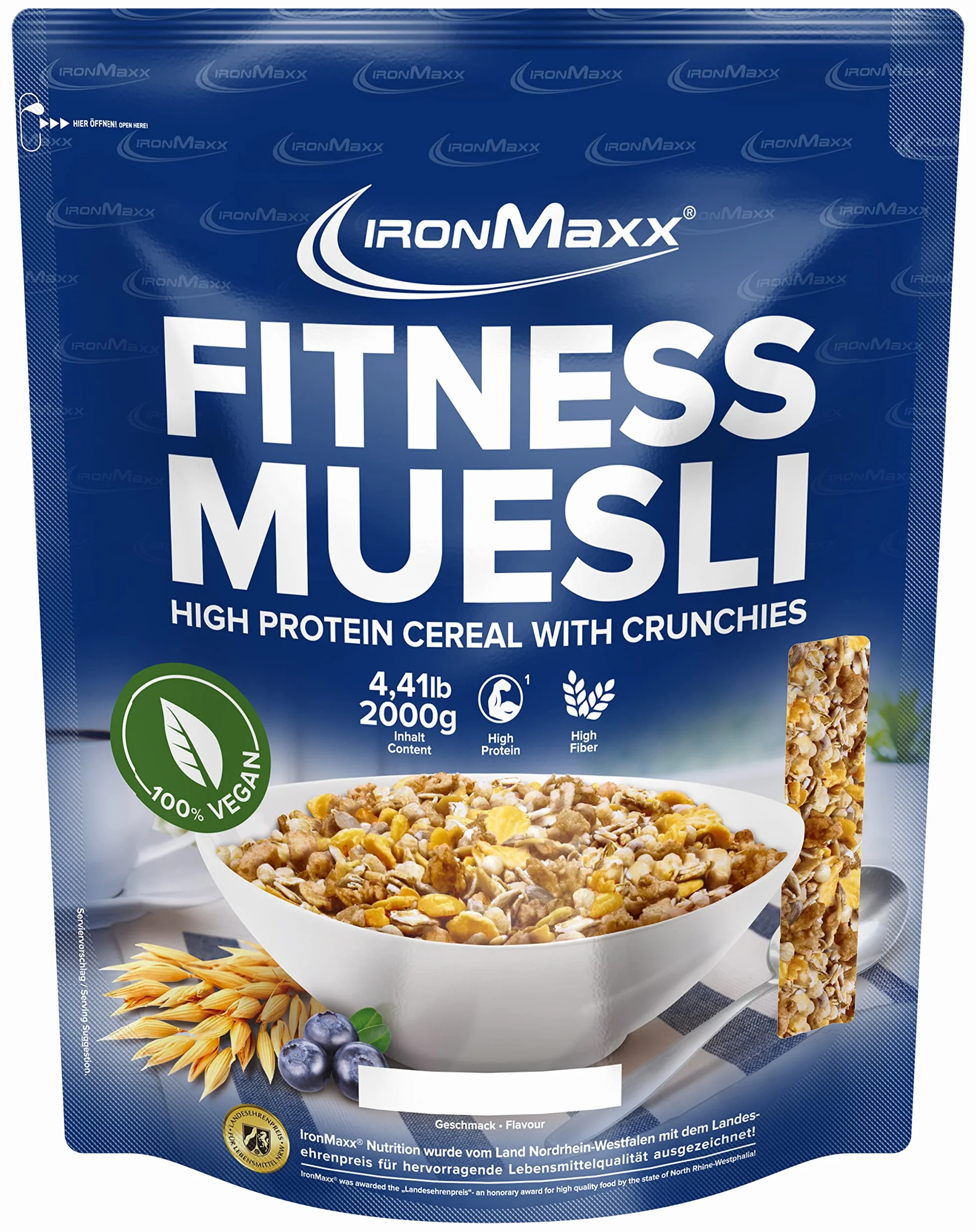 IronMaxx Fitness Muesli - Cookies & Cream Bolsa de 2 kg | Muesli vegano alto en proteínas con crujientes | Contenido reducido en azúcar y alto en fibra