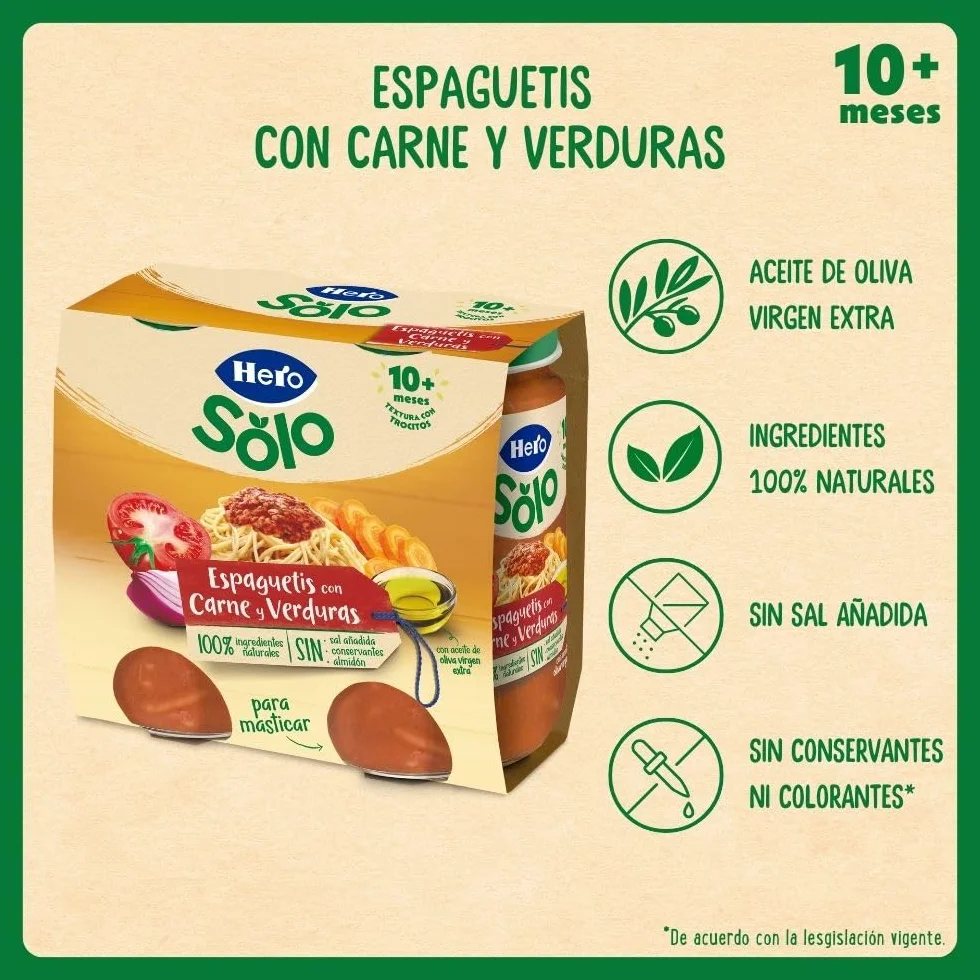 Hero Baby Tarritos de Trocitos de Espaguetis con Carne y Verduras, Alimento Infantil 12 x 235 g