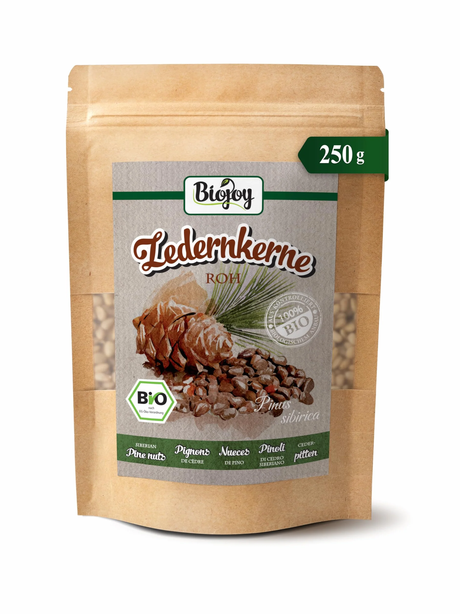 Biojoy Piñones Crudos Orgánicos (250 g), enteros, non tostadas y sin sal (Pinus sibirica)