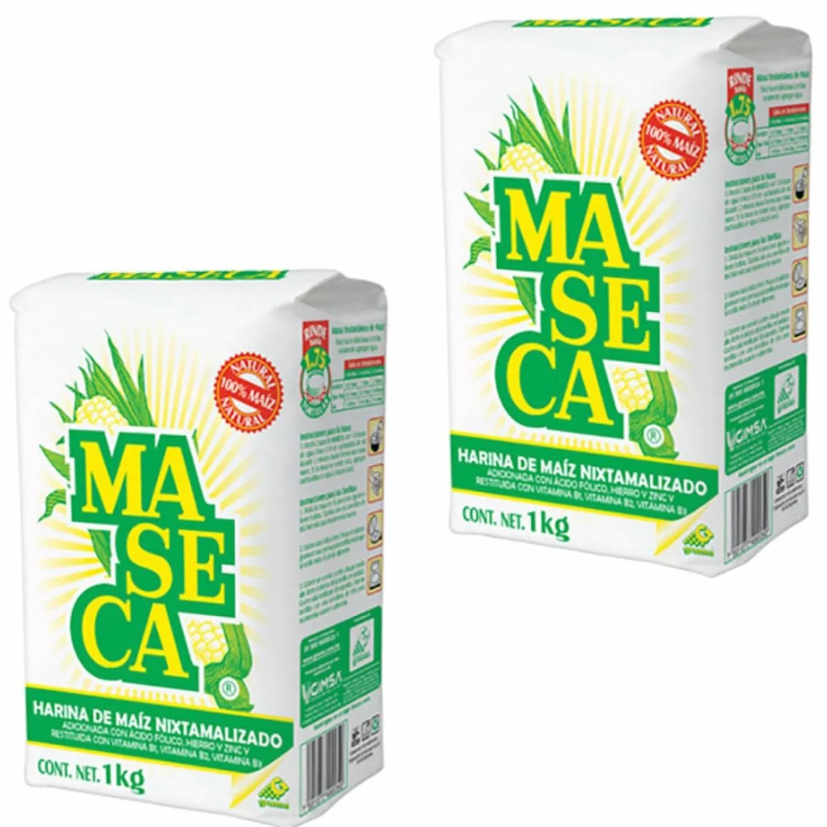 Pack de 2 Maseca Harina de Maíz Blanco 1kg Nixtamalizada para Tortillas Tamales