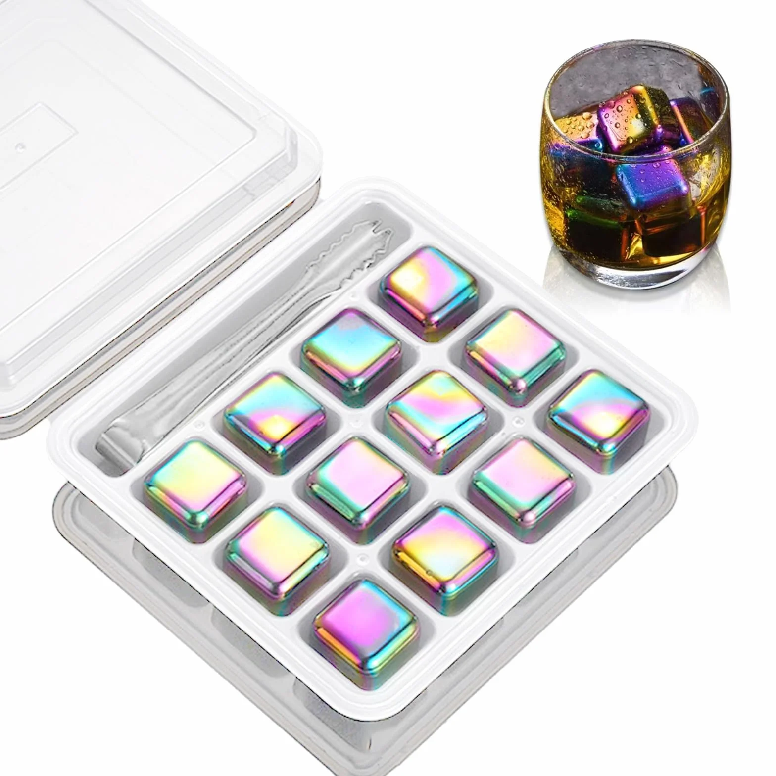 12 cubos de hielo de acero inoxidable de colores (piedras de whisky), reutilizables, para whisky, cócteles y bebidas