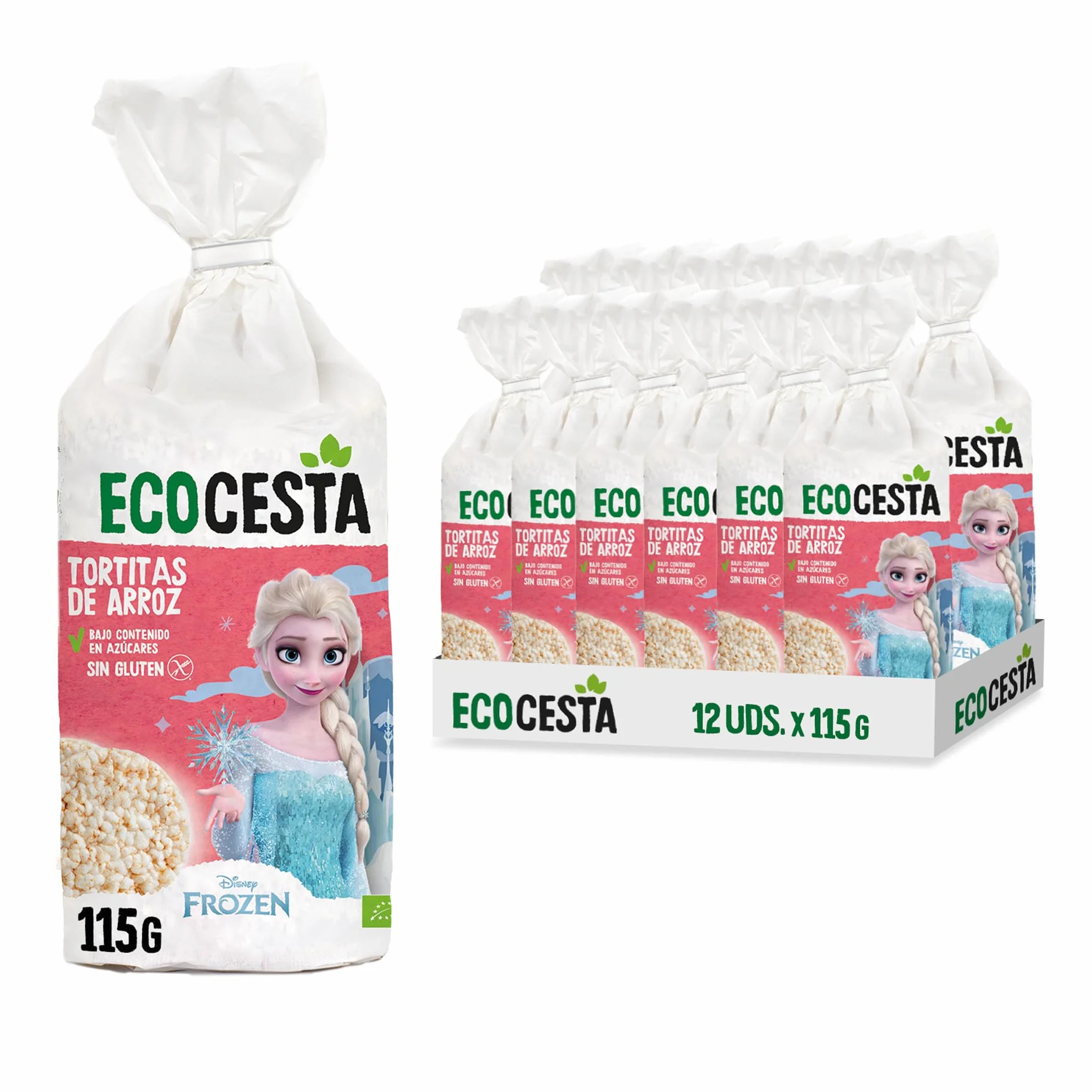 ECOCESTA MEJOR CADA DIA - Edición Limitada Disney - Pack de 12 Unidades de 115 g de Tortitas Ecológicas de Arroz Integral - Sin Azúcar Añadido y Sin Gluten - Aptas para Veganos