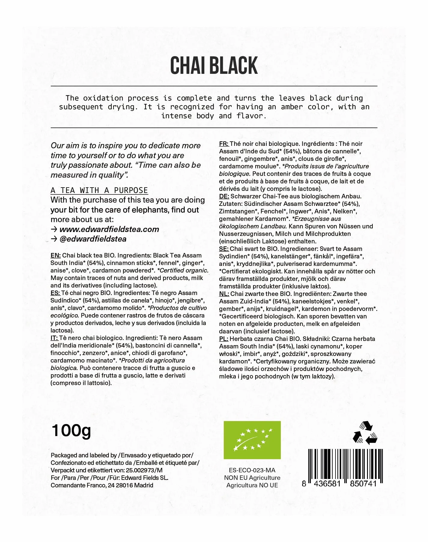 Edward Fields Té Negro Chai Latte Orgánico a Granel 100g 50 Tazas