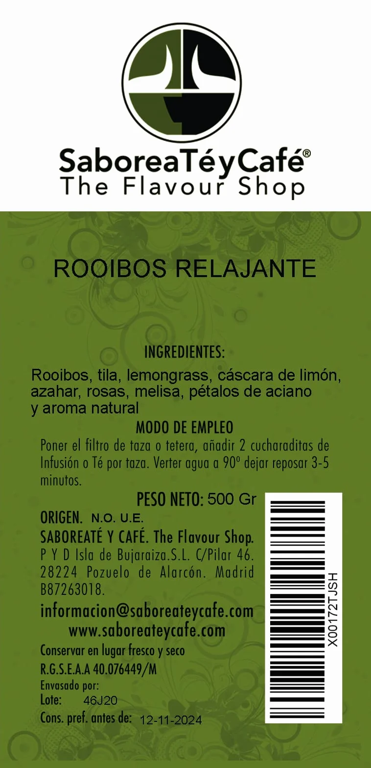 SABOREATE Y CAFE THE FLAVOUR SHOP Té Rooibos Relajante En Hoja Hebra A Granel Infusión Natural Adelgazante 500 gr