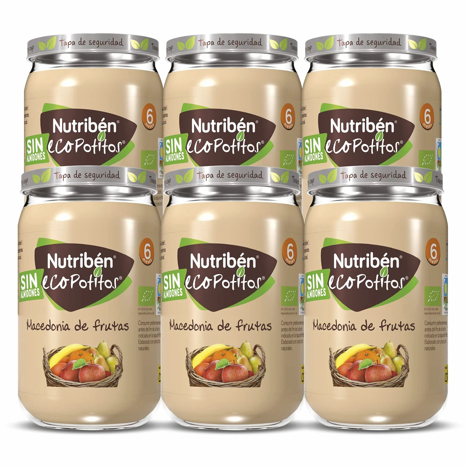 Nutribén Ecopotitos de Macedonia,100% fruta y Sin almidones - Ingredientes ecológicos- Desde los 6 meses, Pack de 6 x 190 g