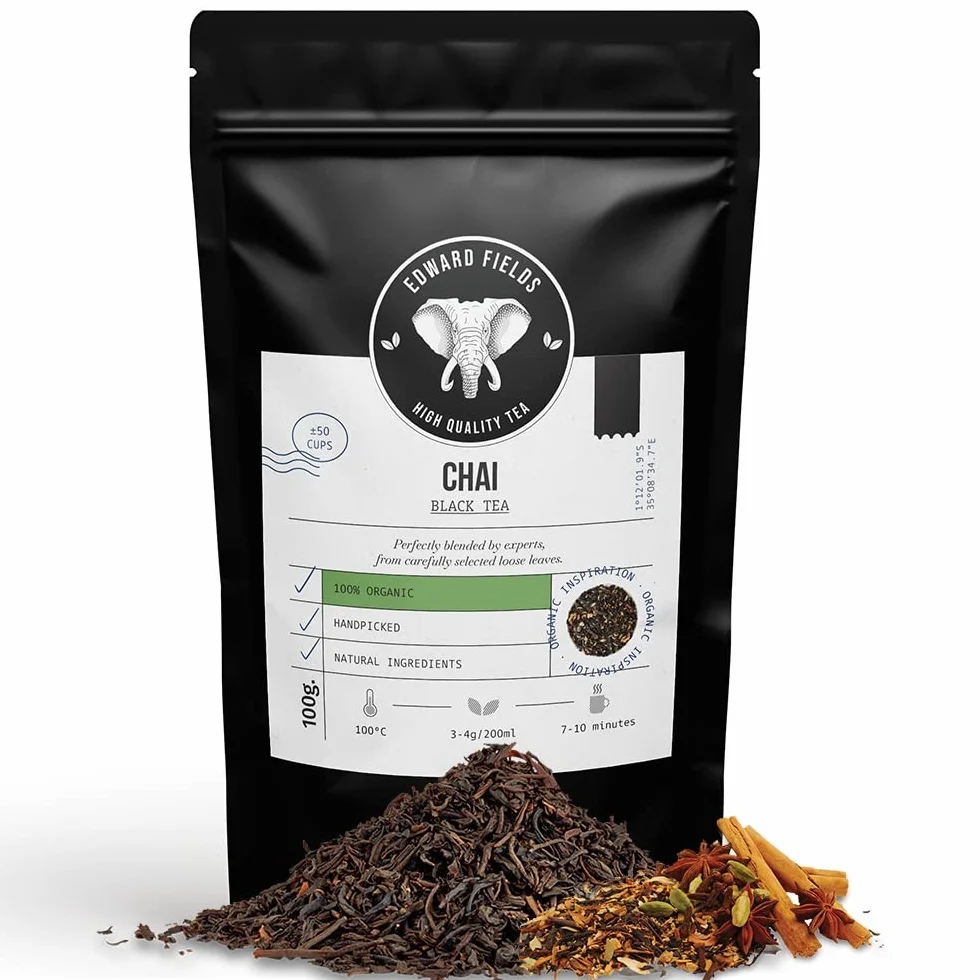 Edward Fields Té Negro Chai Latte Orgánico a Granel 100g 50 Tazas