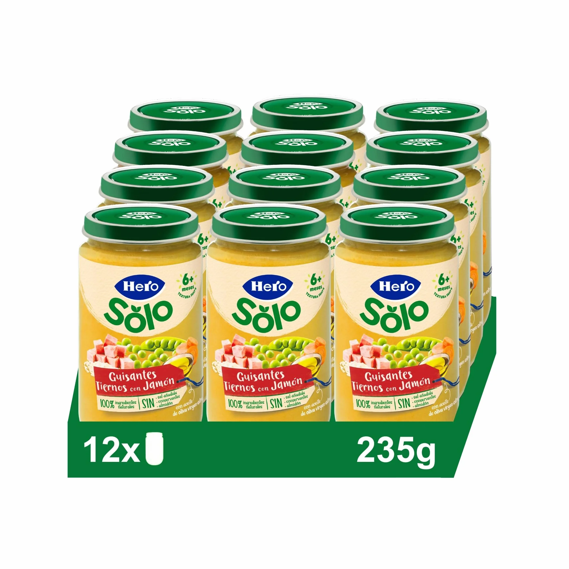 Hero Baby Tarrito Infantil Guisantes Tiernos con Jamón Sin Aceite de Palma 235 g Paquete de 12