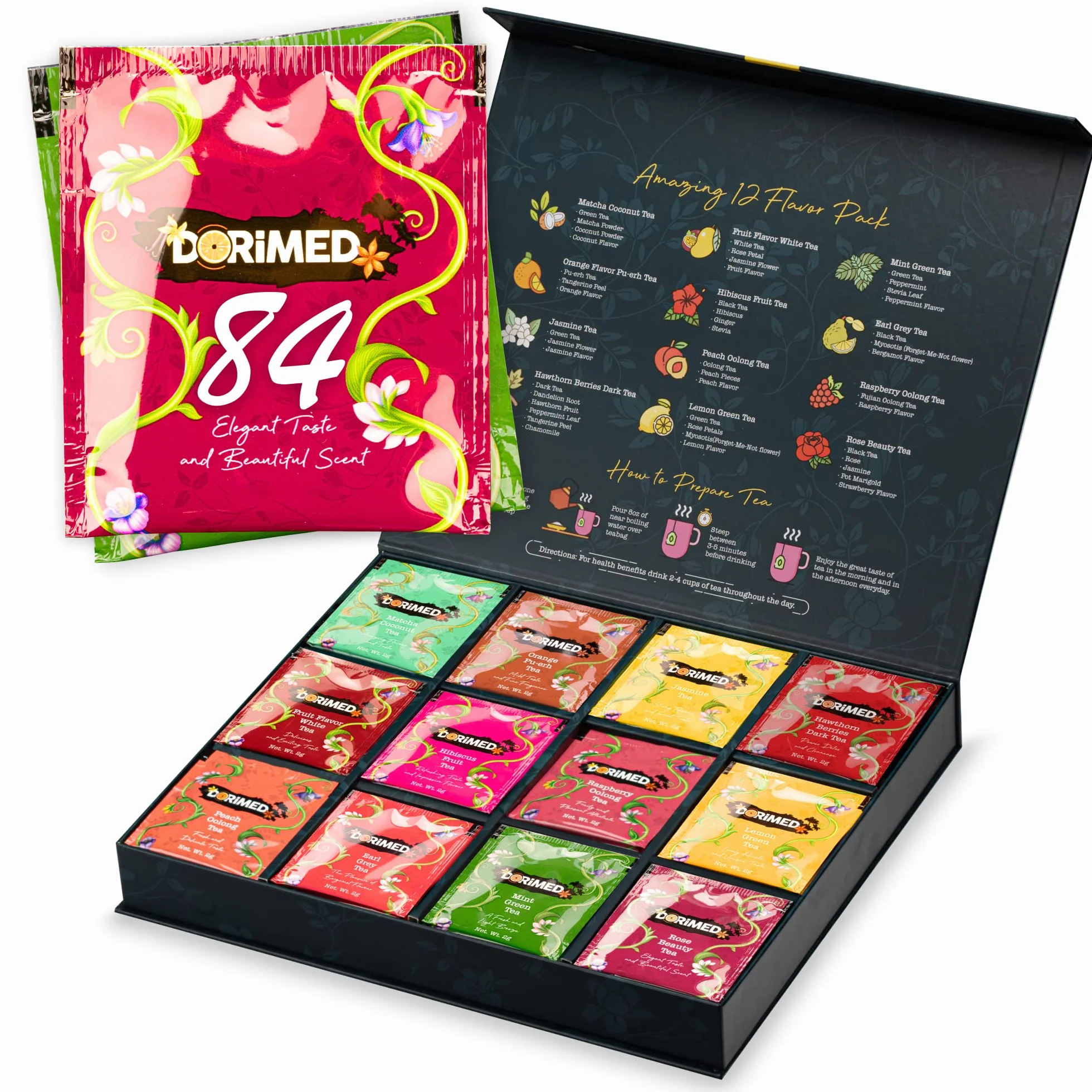 Caja de Degustación de Tés – Variedad de 12 Tés e Infusiones Aromatizadas (84 bolsas individuales) – Té Negro/Blanco/Verde/Matcha/Earl Grey/Oolong/Pu-Erh – Caja de Regalo - Tisanas