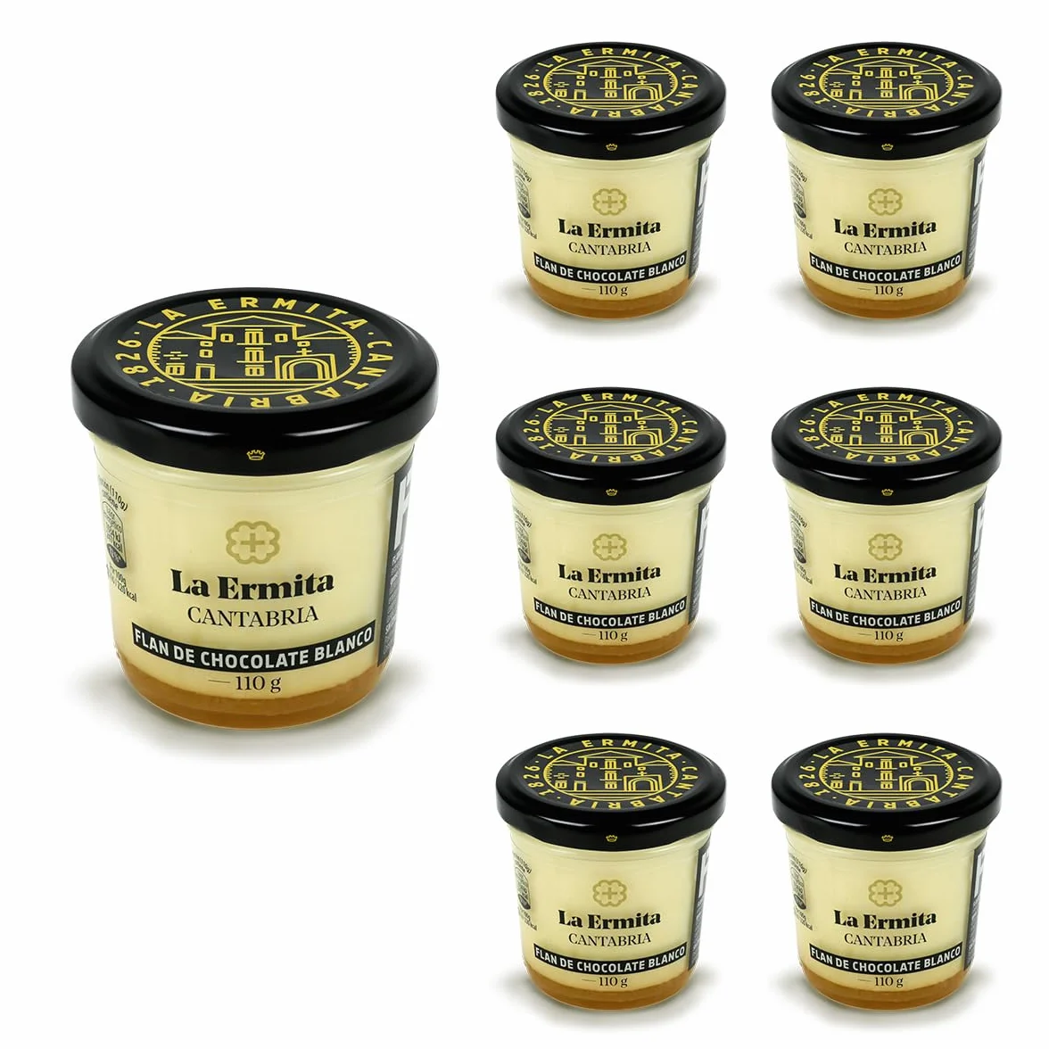 LA ERMITA Flan de Chocolate Blanco, Postre Lácteo Artesanal con Leche, Queso y Cobertura de Chocolate Blanco, Sin Gluten, 110 g (Pack 6 unidades)