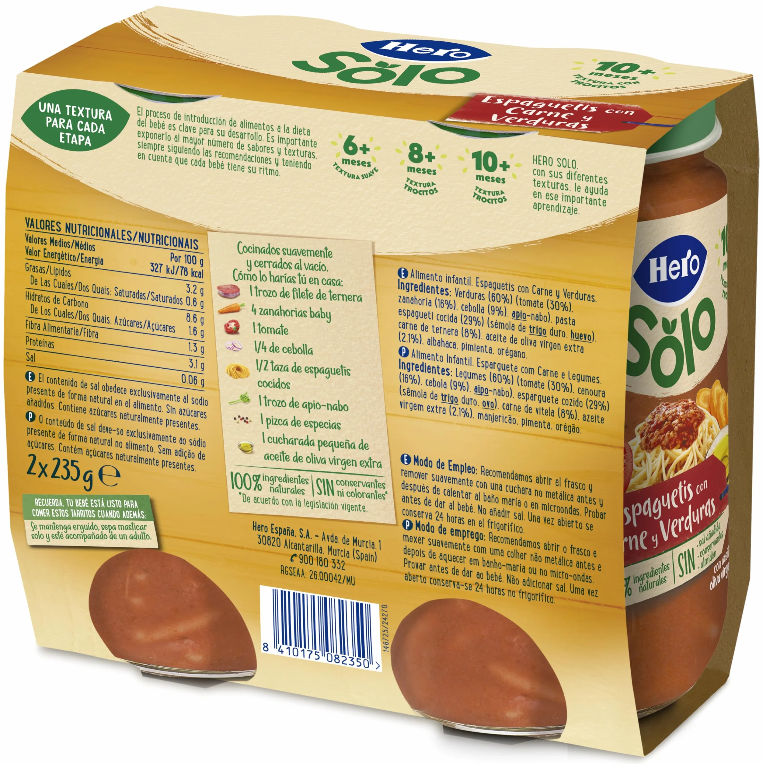Hero Baby Tarritos de Trocitos de Espaguetis con Carne y Verduras, Alimento Infantil 12 x 235 g