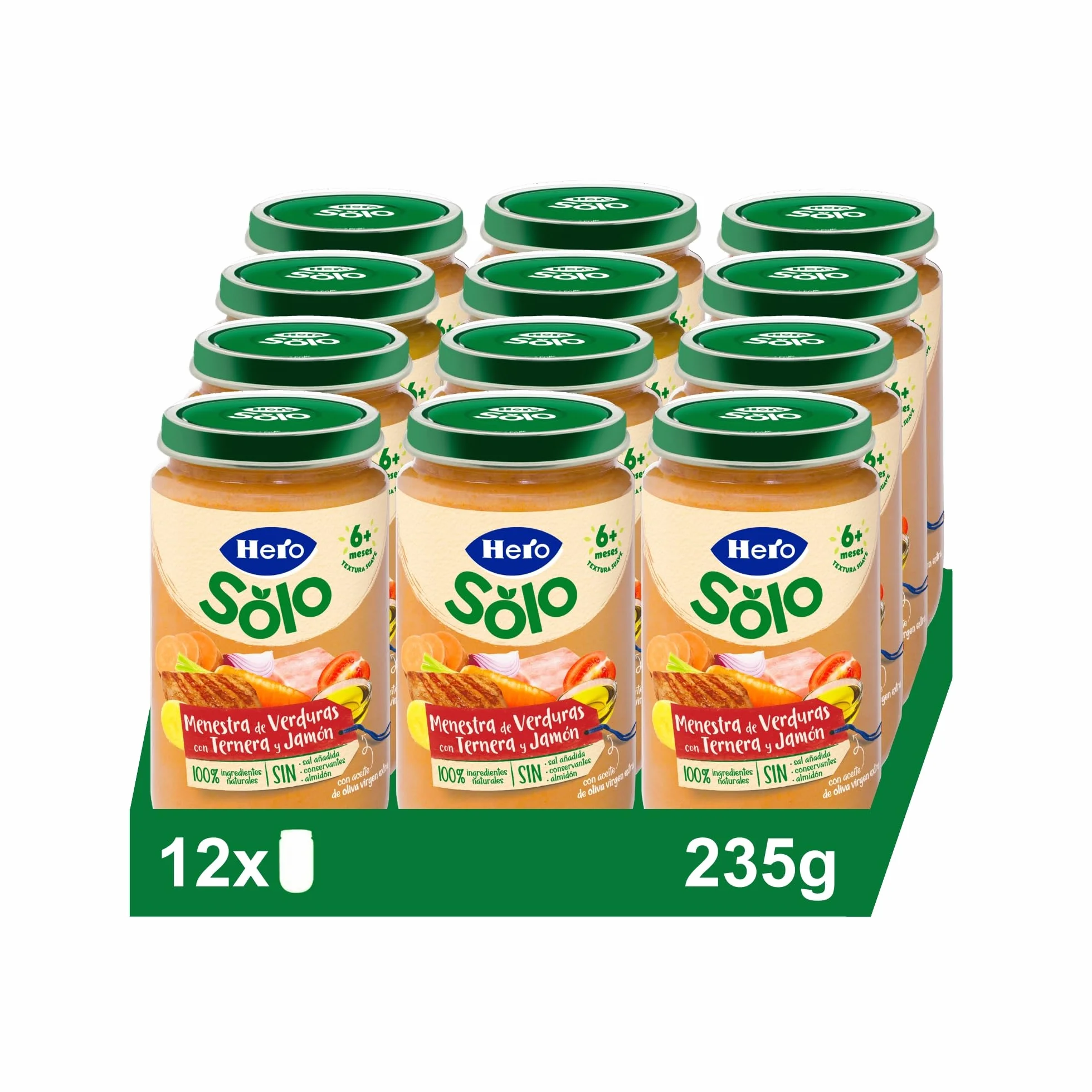 Hero Baby Tarrito Infantil Menestra de Verduras con Ternera y Jamón, Sin Aceite de Palma, 235 g (Paquete de 12)