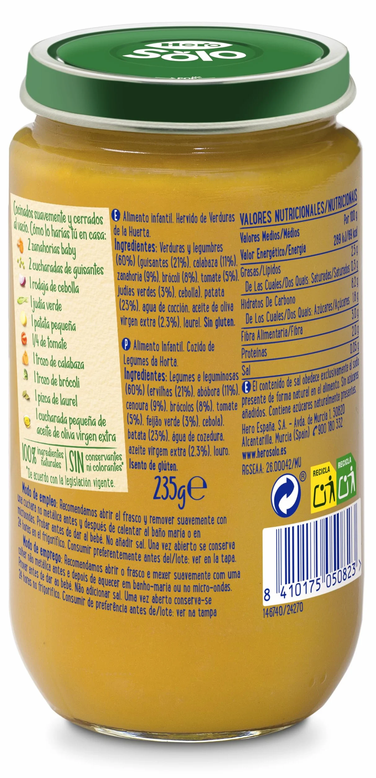 Hero Solo Tarrito Infantil Verduritas de la Huerta 235g Paquete de 12 Sin Aceite de Palma Sin Sal Añadida