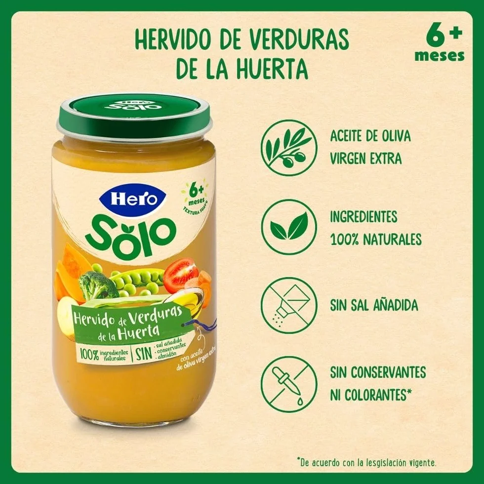 Hero Solo Tarrito Infantil Verduritas de la Huerta 235g Paquete de 12 Sin Aceite de Palma Sin Sal Añadida