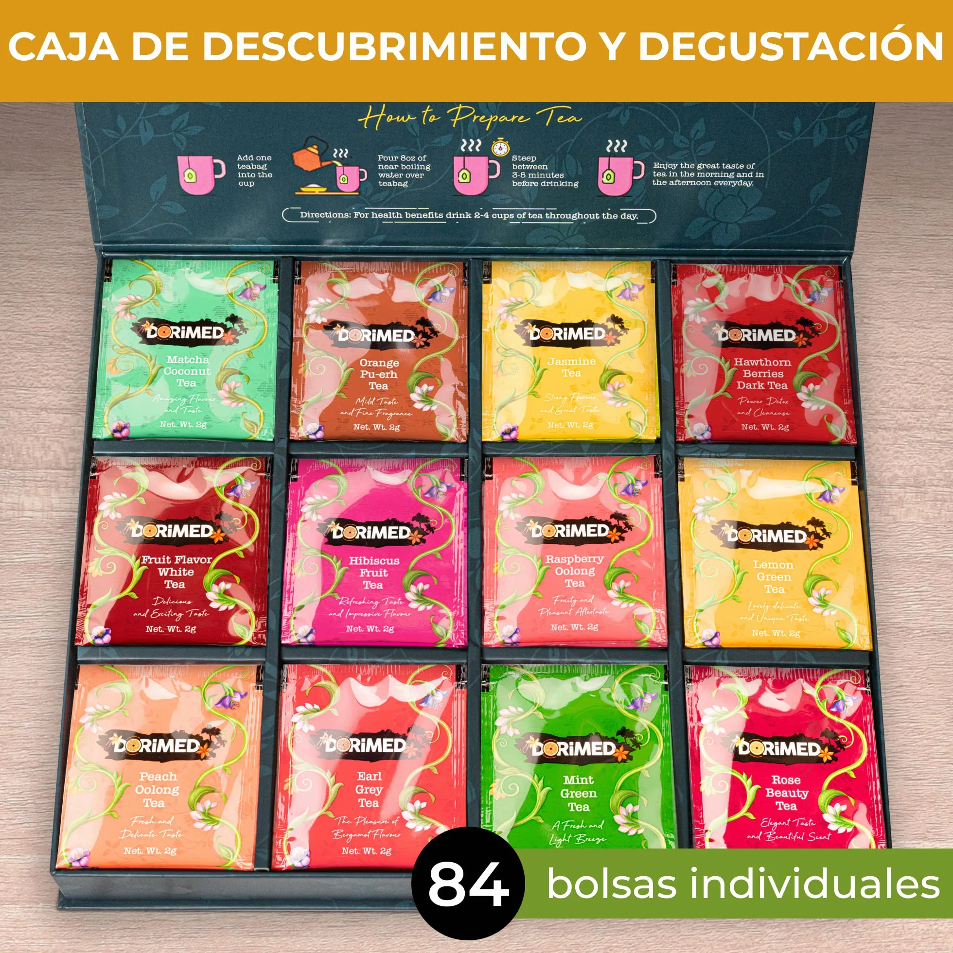 Caja de Degustación de Tés – Variedad de 12 Tés e Infusiones Aromatizadas (84 bolsas individuales) – Té Negro/Blanco/Verde/Matcha/Earl Grey/Oolong/Pu-Erh – Caja de Regalo - Tisanas